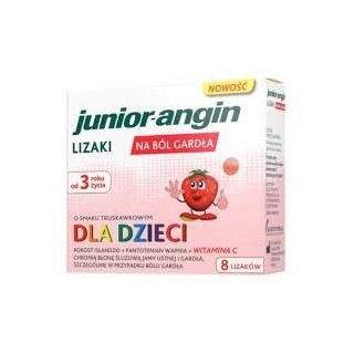 Junior-angin lizaki na ból gardła dla dzieci o smaku truskawkowym od 3 roku życia 8 lizaków